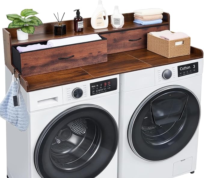 VEVOR 2 Drawers Washer Dryer Countertop with Shelf, 54" x 27" Wooden Laundry Countertop with 2 Hooks & Splicing Panels, Washer and Dryer Topper, Laundry Room Organization and Storage, Brown