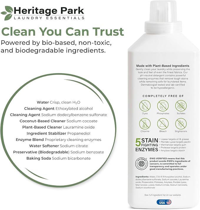 Heritage Park Luxury Laundry Detergent | Dermatologist Tested Plant based Natural & Enzyme Laundry Detergent | Sensitive Skin Friendly - Fragrance Free (32 fl oz)