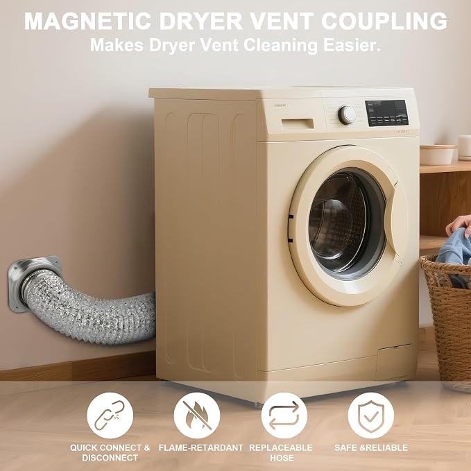 Magnetic Dryer Vent Coupling DV180 Dryer Vent Hose Magnetic Connector Kit-Quick Connection and Disconnection Strong Magnet Self-Alignment Airtight Seal Easy to Clean Included a 3ft 4" Duct & 2 Clamps