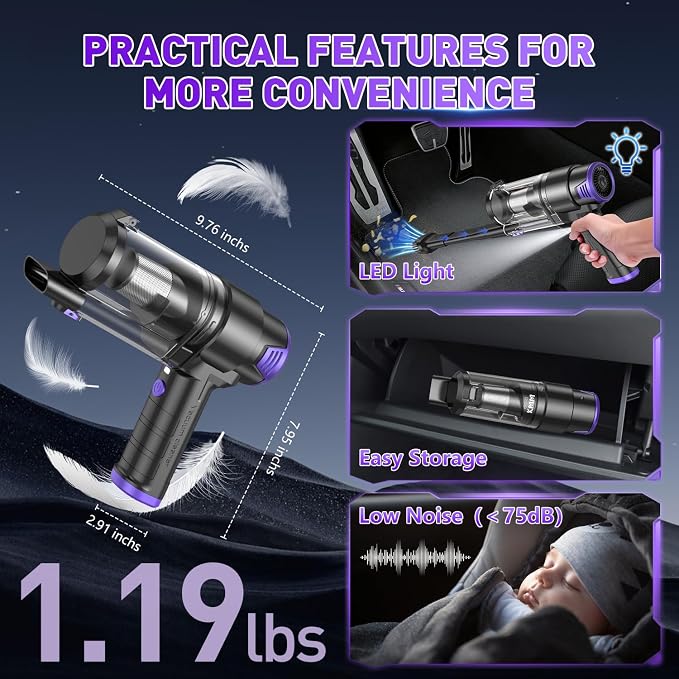 KMM Handheld Car Vacuum Cleaner, 16000PA Air Duster & Vacuum Cleaner, 120W High Power Hand Held Vacuum Cordless, Portable Vacuum Rechargeable with Multi-Nozzles & LED Light for Car, Home, Pet, Office