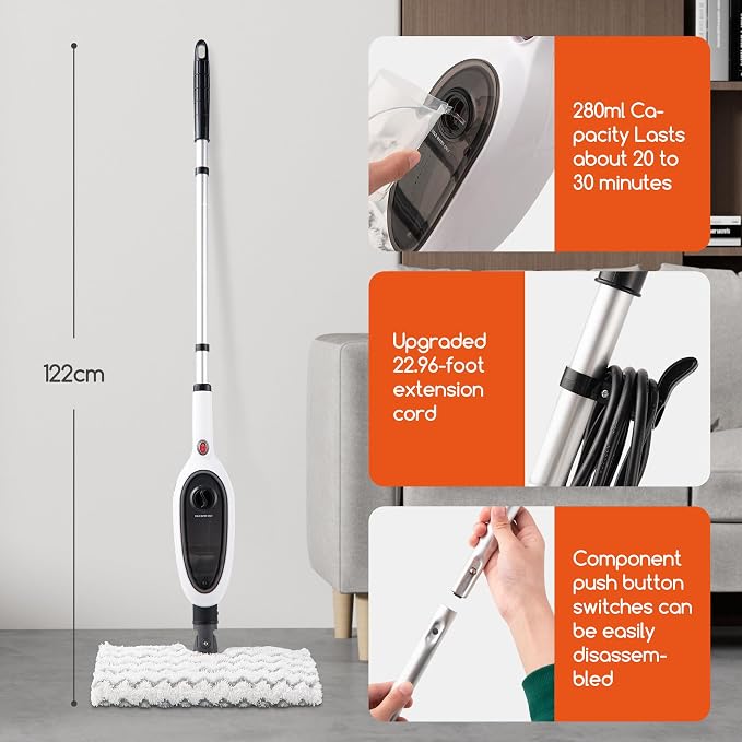 REECOO Steam Mop with Attachments/Pad 2PCS,Unique Double-Sided Flip Design - 260°F/126°C High Temperature Deep Cleaning, Floor Steamer for Kitchen, Living Room Wood Floor Tile Cleaning