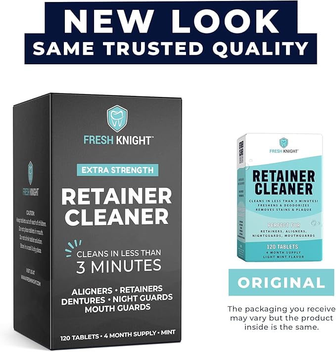 FRESH KNIGHT Retainer Cleaner Tablets 120 - Invisalign Cleaner - Denture Cleaner. Efferdent Retainer Cleaner Tablets, Night Guard, Mouth Guards, Aligners & Dental Appliance Cleaner - 4 Month Supply.