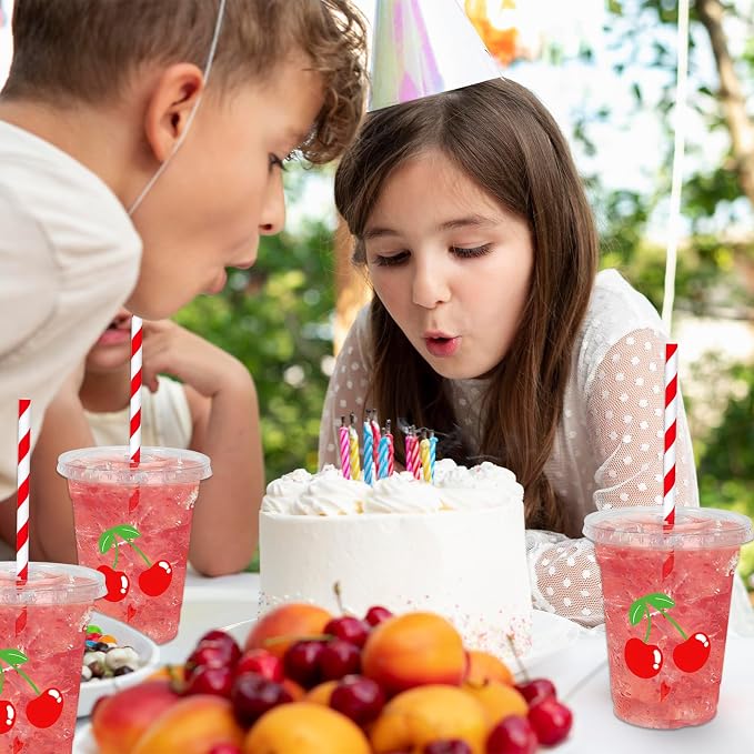 Whaline 50 Pcs 12 Oz Cherry Disposable Plastic Cups with Lids and Straws Cute Red Cherry Cold Beverage Drinking Cups Summer Cherries Party Cup for Bridal Engagement Birthday Baby Shower Party Supplies