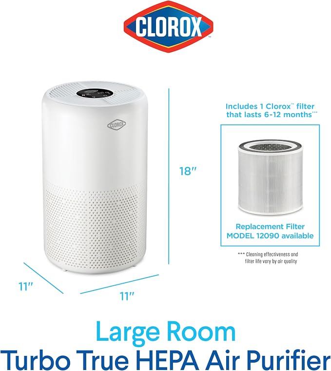 Clorox Turbo Air Purifiers for Home, True HEPA Filter, Quickly Cleans Large Rooms Up to 1,650 Sq Ft, Reduces 99.9% of Mold, Viruses, Wildfire Smoke, Allergens, Pet Allergies, Dust, Whisper Quiet