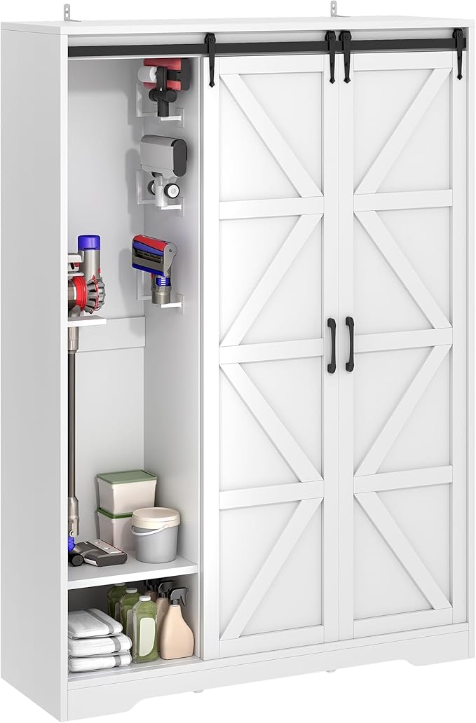 Broom Closet Storage Cabinet, 67" H Wooden Vacuum Storage Cabinet, Utility Closet with Sliding Door, Cleaning Tool Organizer with Shelf and 6 Pack Broom Holder, 67.1" H×47.2" W×15.7" D, White