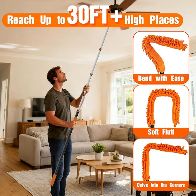SISUPASSIE 36FT Reach Duster Cleaner Kit, Dusters for Cleaning with Extension Pole, Baseboard & Wall and Window Cleaner Mop for Fan Blades, High Ceiling and Cobweb