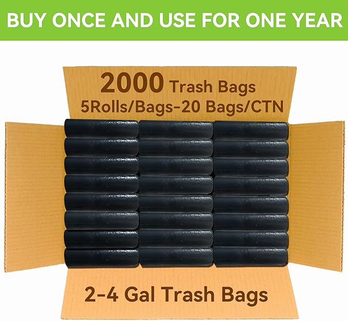 KAYLOWE Small Trash Bag,4 Gallon Bathroom Trash Can Liners 2000 Count Mini Garbage Bags for Bathroom, Bedroom, Office, Kitchen,Black