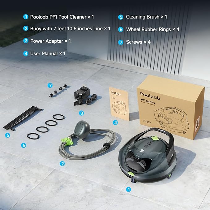Pooloob PF1 Cordless Pool Vacuum Cleaner Robot for Daily Pool Maintenance, Floor Only Cleaning for Above/In Ground Pools, Triple Filtration, Floating Buoy & Tether, Not for Initial or Deep Cleaning