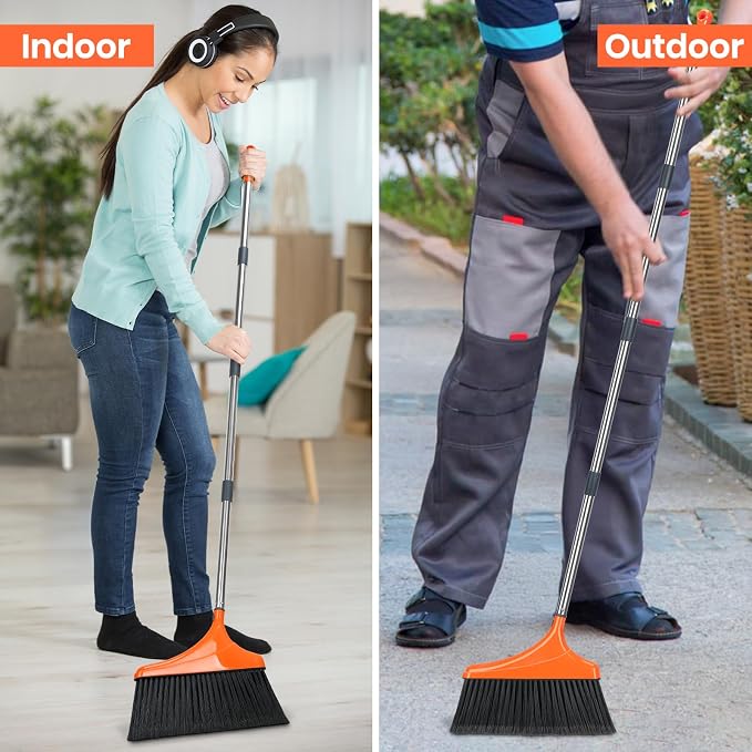 4 Pack Heavy-Duty Angle Broom for Floor Cleaning with 52" Long Handle Stiff Bristle Angle Commercial and Industrial Broom, Indoor Outdoor Broom for Garage Kitchen Office Lobby Patio