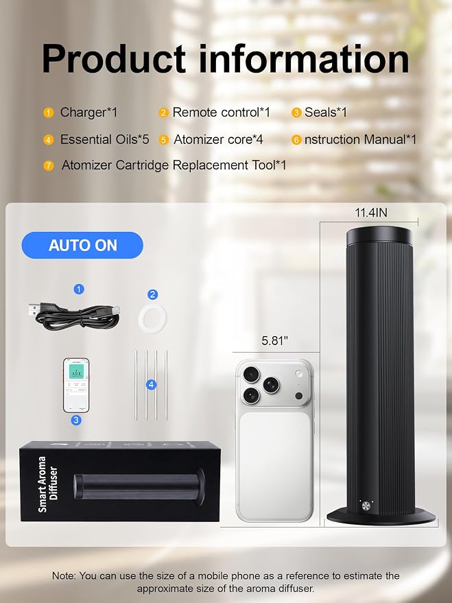Waterless Scent Diffuser for Large Room up to 1500 Sq Ft - Cold Air Essential Oil Diffuser with App Timer & ≤25dB Quiet, for Home Bedroom Office Hotel Spa, Black (Oils Not Included)