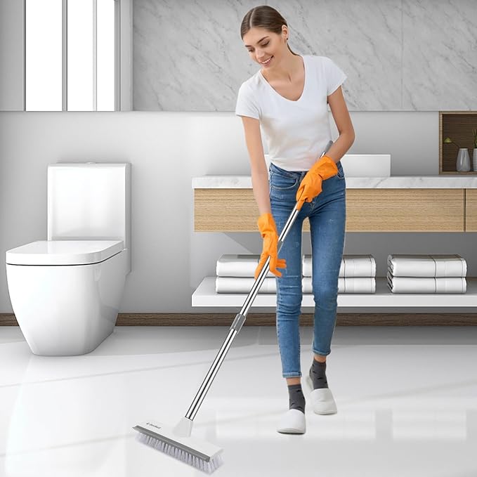 SetSail Floor Scrub Brush and Grout Brush with 51-Inch Long Adjustable Handle 2 in 1 Scrape Brush Stiff Bristle Floor Scrubber for Cleaning Shower Bathroom Garage Kitchen Deck Tub Tile, Grey White
