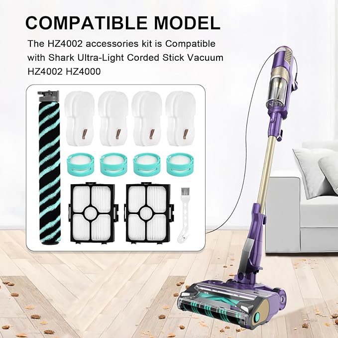 Replacement Parts Accessories Kit Compatible with Shark HZ4000 HZ4002 Corded Stick Vacuum Cleaner, 1 Roller Brush, 2 HEPA Filters, 4 Foam & Felt Filters, 4 Odor-Neutralizer Cartridge