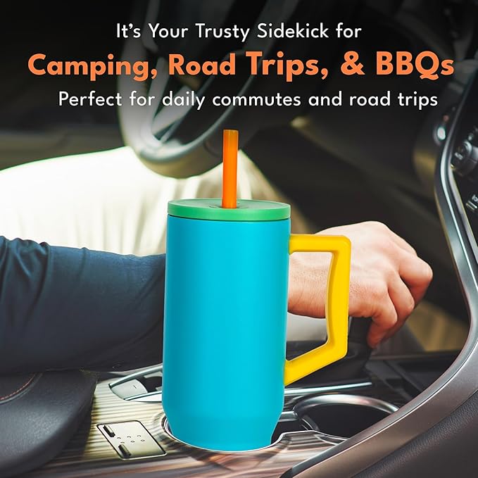 Elemental 40 oz Tumbler with Handle and Straw - Spill Proof Insulated Stainless Steel Commuter for Cold Beverages - Travel Coffee Mug with 2 Straws & Spill Proof Lid - 40oz- Blue Lagoon