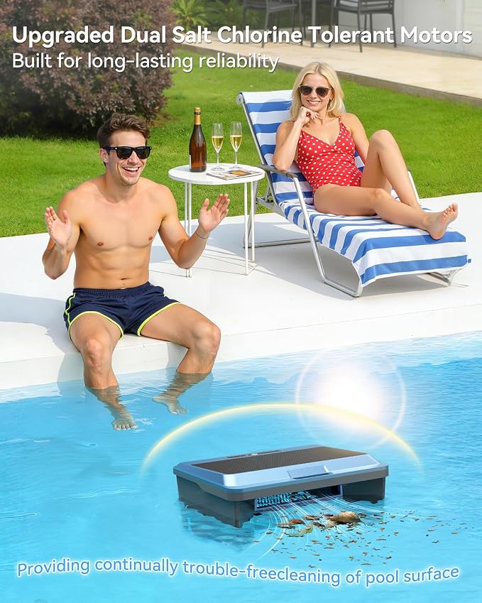 F1T Solar Powered Robotic Pool Skimmer Surface Cleaner with APP Support Dual Charging Options Smart Obstacle Avoidance 24/7 Continuous Cleaning Ideal for Above Ground Pool Blue