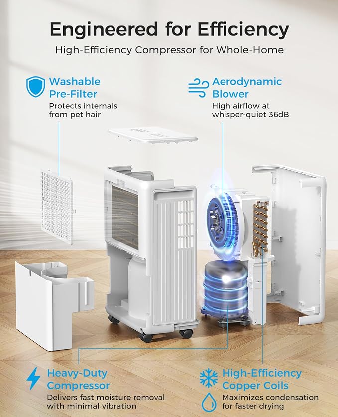 Trazico 30 Pint Dehumidifier for Basement with Drain Hose Up to 2000 Sq.Ft | Quiet Dehumidifiers for Home Large Room Bedroom Bathroom, Intelligent Humidistat, 3 Modes, 24H Timer, Auto Defrost