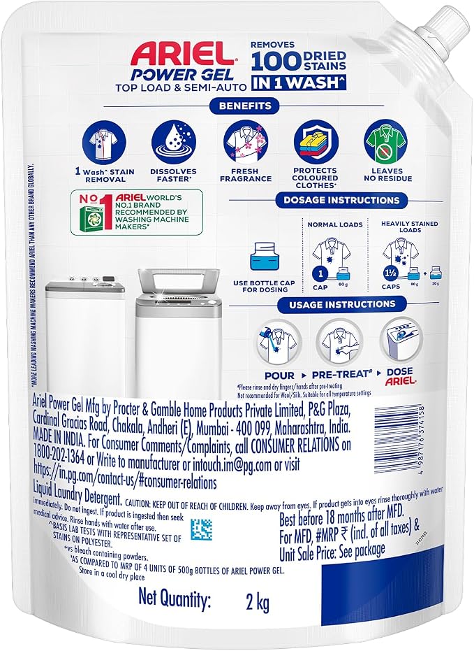 Ariel Power Gel Liquid Detergent for Top Load & Semi Auto – 2kg | Removes 100 Dried Stains in 1 Wash | Faster Dissolving | Long-Lasting Fragrance | Color Protection | At the price of Powders