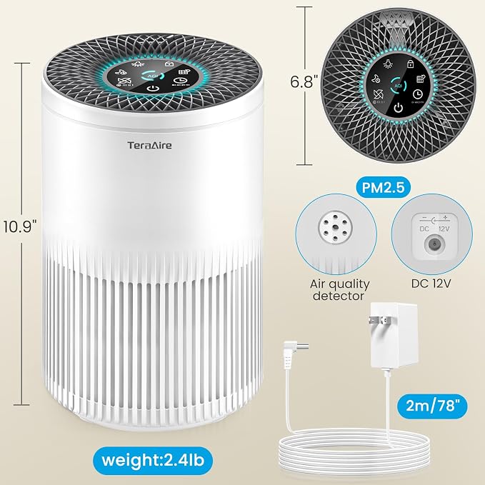 Air Purifiers for Home, Air Purifier with PM 2.5 Air Quality Monitor Cover Up to 1235 Ft², H13 True HEPA Air Filter with 5 mode Light, Sleep Mode, Timer, Fragrance Sponge for Smoke, Odor, Dander