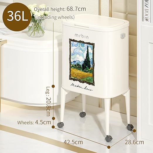 MRBIN Metal Kitchen Trash Can with Wheel Legs, 36L / 9.5gal Medium Press Lid Slim Removable Waste Basket, Pet Proof Tall Narrow Garbage Pail for Vanity, Bedroom, Bathroom, Living Room, Wheatfield