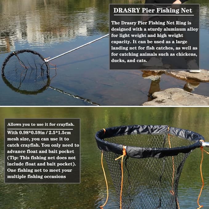 Drasry Large Collapsible Bridge Pier Fishing Net Landing Net with Rod, High Load Aluminum Ring Drop Net for Saltwater and Freshwater Pier Fishing Basket with 49.2 ft. Rope
