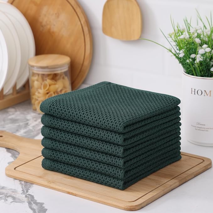 Kitinjoy 100% Cotton Kitchen Dish Cloths (12 X 12 Inches, Blackish Green), 12 Pack Waffle Weave Ultra Soft Absorbent Dish Towels for Drying Dishes Quick Drying Kitchen Towels Dish Rags