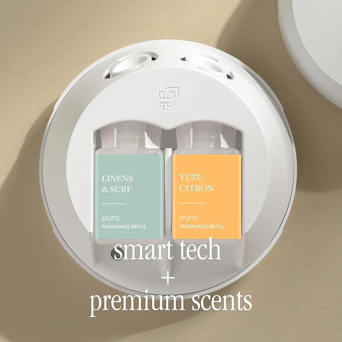 Pura Home Fragrance Device Starter Set - Pura 4 - Scent Diffuser for Home - Includes Fragrance Aroma Diffuser - Square Box, Linens & Surf and Yuzu Citron Scent Refills