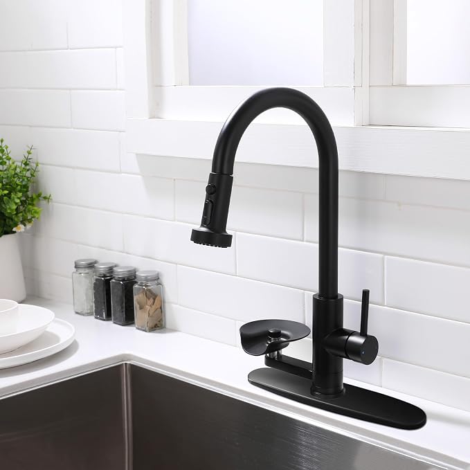 Kitchen Faucet with Glass Rinser, Pull Down Sink Faucet with 3 Spray Modes and High Pressure Glass Rinser, Single Hole 2 in 1 High Arc Stainless Steel Kitchen Faucets (Matte Black)