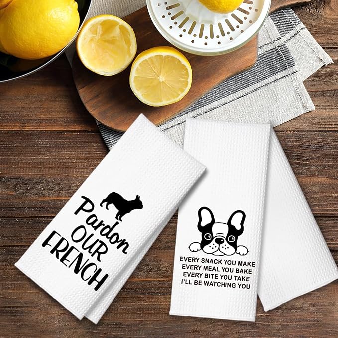 I'll be Watching You Kitchen Towels 2 Pack, Bulldog Lover Kitchen Decor, Dog Owner Gifts, Christmas Birthday Gifts for Mom Hostess Bulldog Lover Friend, Funny Dish Towels with Sayings