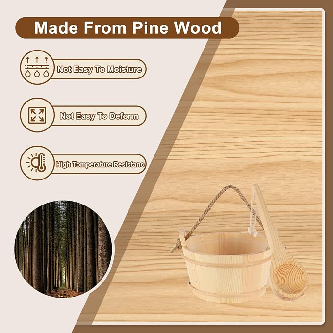 6L Wooden Sauna Bucket and Ladle Set, Handmade Pine Sauna Bucket with Rope Handle,Natural Pine