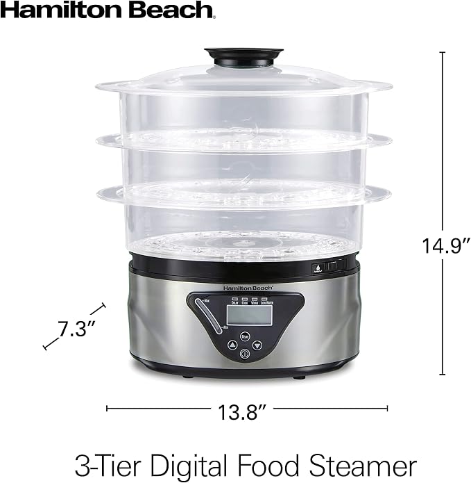 Hamilton Beach Digital Electric Food Steamer & Rice Cooker for Quick, Healthy Cooking with Stackable Three-Tier Bowls for Vegetables and Seafood, 8.25 Quart, Black & Stainless Steel