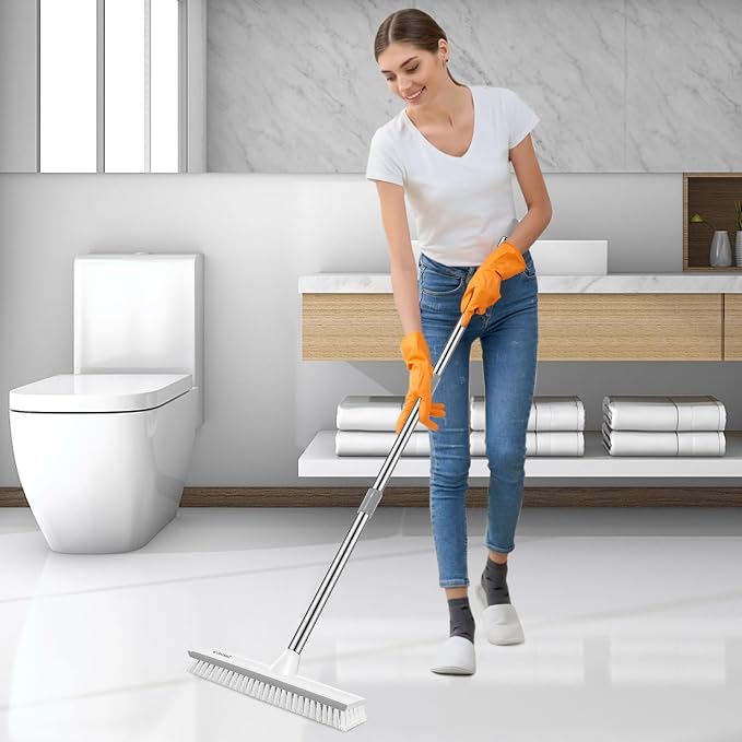 SetSail Upgraded Large Wide Floor Scrub Brush with 51-Inch Long Adjustable Handle 2 in 1 Scrape Brush Stiff Bristle Floor Scrubber for Cleaning Shower Bathroom Kitchen Wall Deck Tub Tile,Grey White