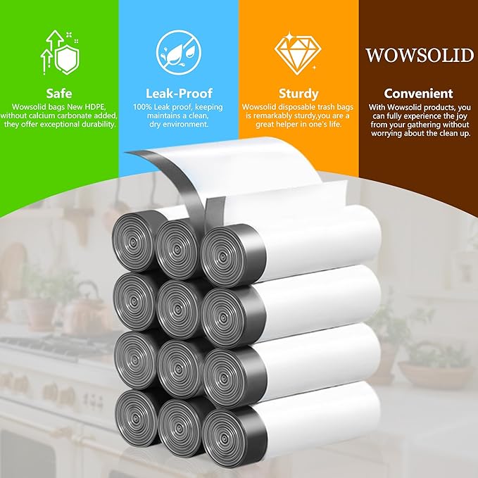Small Trash Bags 4 Gallon with Drawstring, 360 Count 1.2 Mil Thick Small Garbage Bags by WOWSOLID, Fit Liners 10-15 Liter, 3.5-4.5 Gal, Mini Trash Can Bin for Bathroom, Kitchen, Bedroom, Office