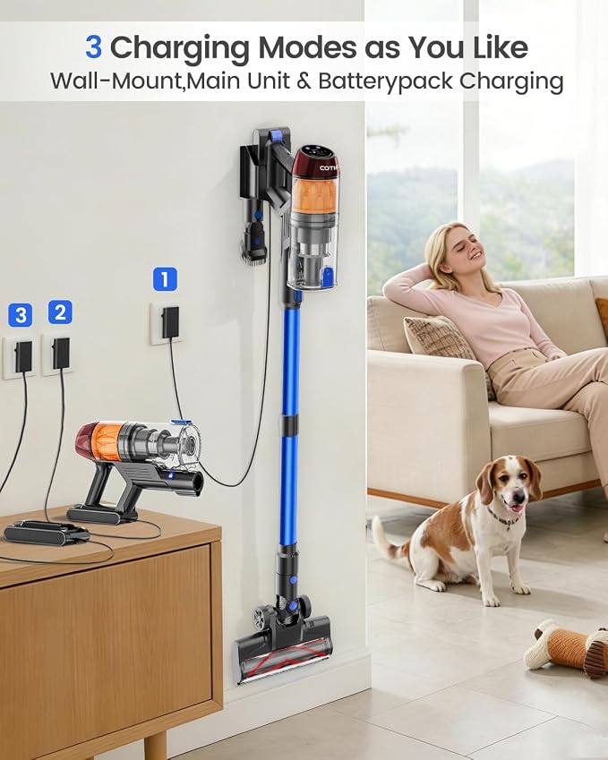Cordless Vacuum Cleaner, 500W 40KPa 60Mins Vacuum Cleaners for Home, Wireless Vacumm Anti-Tangle Rechargeable Vacuum with Green Light for Pet Hair/Carpet/Hardwood Floor, Blue