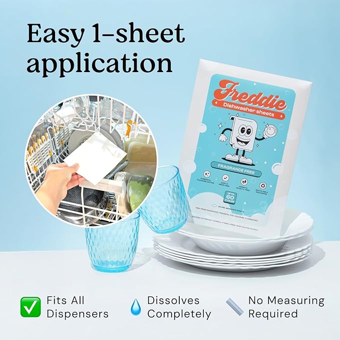 Freddie Laundry & Dishwasher 3x Bundle: 3 Pack of Fragrance Free Laundry Sheeets plus 1 pack each of Dishwashing Sheets