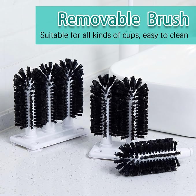 Havawish 2 Pack Water Bottle Cleaning Brush with Suction Base, 3 Head All Black Bristles Bar Glass Washer for Sink, Cup Washer Brush Cleaner for Bar Beer Cup, Wine Glass(7.3 x 3.4 x 7.5)