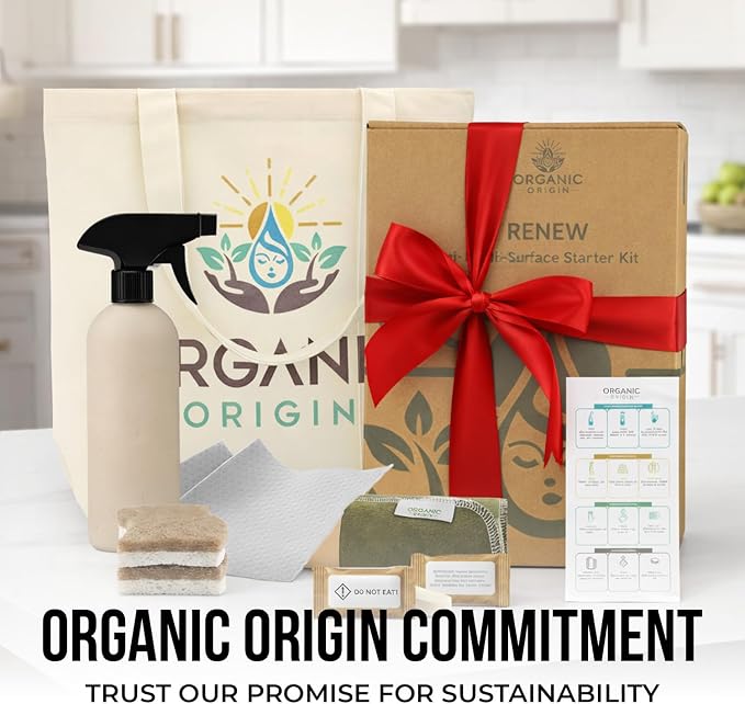 Organic Origin Kitchen Cleaning Supplies Kit - 14 Piece Set with Reusable Paper Towels, Plant-Based Sponges, Swedish Dishcloths, Dish Towels, Cleaner Tablets & Spray Bottle Cleaning Essentials