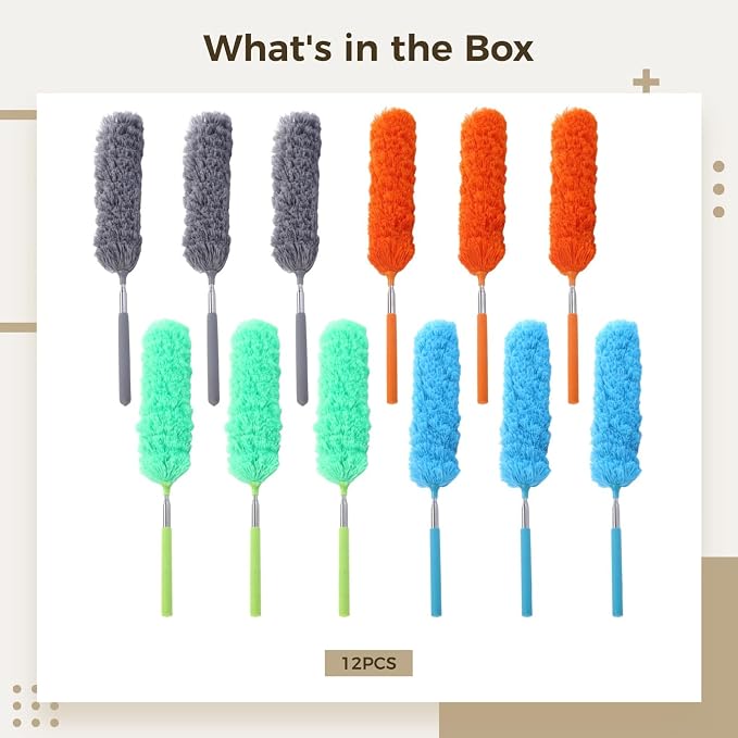 12 PCS Microfiber Feather Dusters, Extendable from 31 to 13 Inches, Bendable Washable Cleaning Tools, Metal Pole Ceiling Fan Dusters for Car Office Window Furniture Conditioner