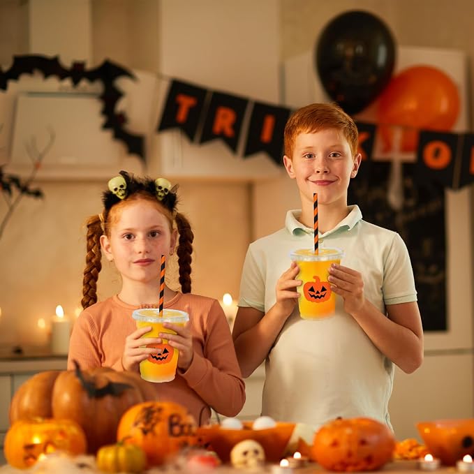 Whaline 50 Pcs Halloween Disposable Plastic Cups with Lids and Straws Orange Spooky Pumpkin Face Cold Beverage Drinking Cups for Trick or Treat Birthday Party Supplies