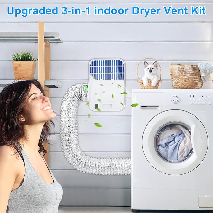 2025 New Upgraded Indoor Dryer Vent Kit for Electric Clothes Dryer, 3-in-1 Indoor Dryer Lint Trap with 6 Polyester Filter&10ft Dryer Vent Hose,Enhance Air Quality,Energy Efficient Water Drawer System