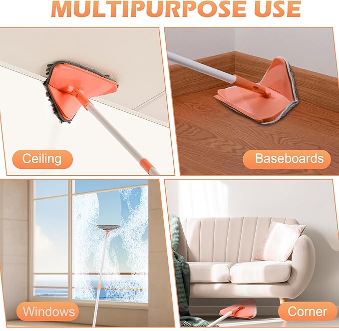 Wall Cleaner Triangle Mop with 82'' Long Handle - Wall Scrubber, Cleaning Washer Tool with 4 Microfiber Chenille Duster Pads for Clean Walls, Ceiling, Windows, Baseboards, Floors (Orange, 4 Pads)