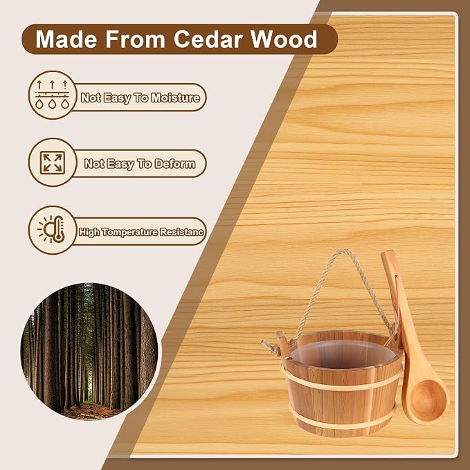 Wooden Sauna Bucket and Ladle Set, Handmade from Natural Pine with Rope Handle,4L (4L Cedar Wood)