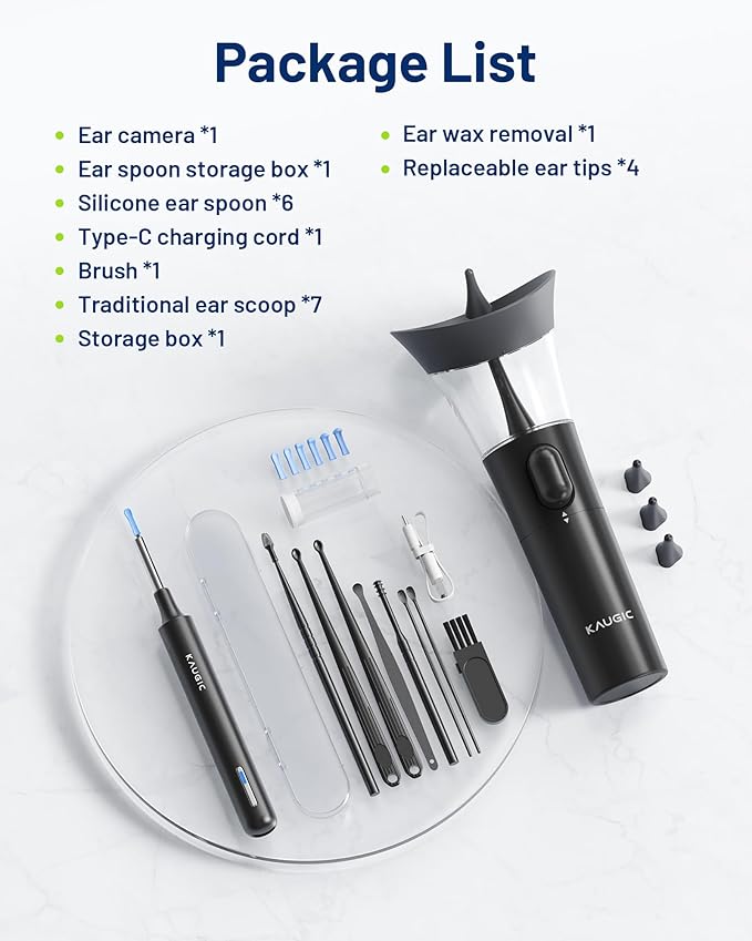 KAUGIC Ear Wax Removal - One-Hand Manual Ear Cleaner with Camera, 7 PCS Ear Spoons, Safe Ear Irrigation Kit for Adults, FSA-HSA-Eligible (Black)