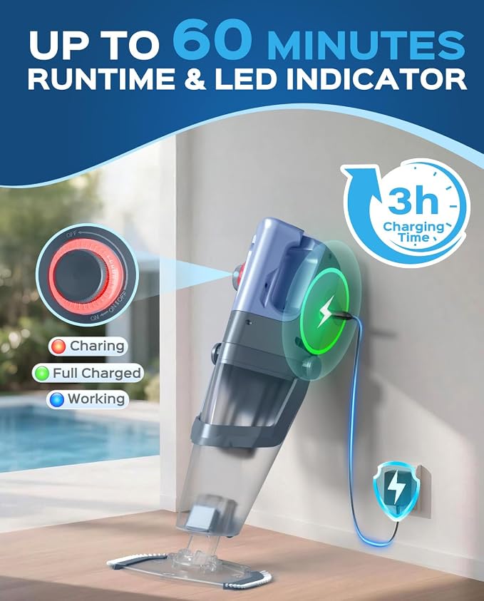 Cordless Handheld Pool Vacuum Cleaner with Telescopic Pole, 26.5 GPM Powerful Suction, Longer 1H Runtime, Pool Vacuums for Above Ground/Inground Pools, Hot Tubs, Spas, Navy Blue