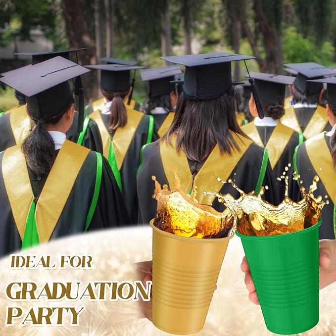 Funnymoom 100 Pcs Green and Gold Disposable Plastic 12 oz Party Drinking Cups Green Gold Graduation Water Beverage Cups for Barbecues Picnics Festival Birthday Party Supplies