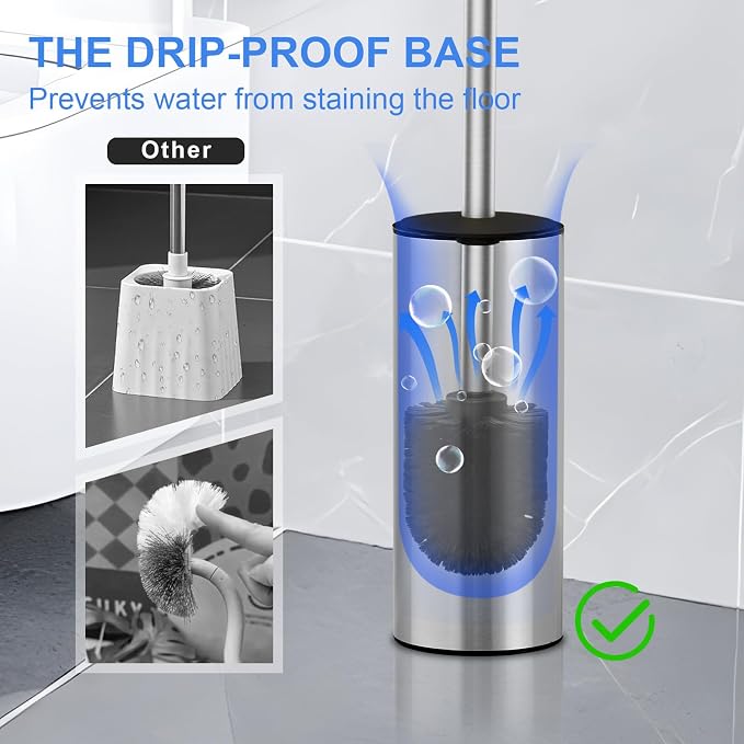 304 Stainless Steel Toilet Brush and Brush Holder Set, Circular Floor Toilet Brush Holder, Long Handle, Bathroom Heavy-Duty Cleaner, High-End Cylinder Wall, 2 Brush Head (Brushed) YIGUANXIN
