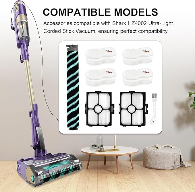 HZ4002 Replacement Parts Accessories Kit Compatible with Shark HZ4000 HZ4002 Corded Stick Vacuum Cleaner, 1 Roller Brush, 2 HEPA Filters, 4 Foam & Felt Filters, 1 Cleaning Brush