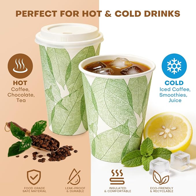 Plant-Based PLA Lined Disposable Coffee Cups with Lids, Straws & Sleeves, Compostable Cups Set, Eco-Friendly for Hot/Cold Drinks, Party, Travel, Office (12 oz 50 Count)
