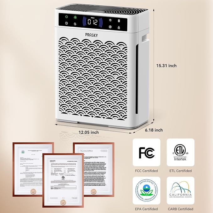 Air Purifiers for Home Large Room up to 3000sq.ft, PRASKY HEPA Air Purifier & with Activated Carbon for Office, Bedroom, Dorm Room, Kitchen