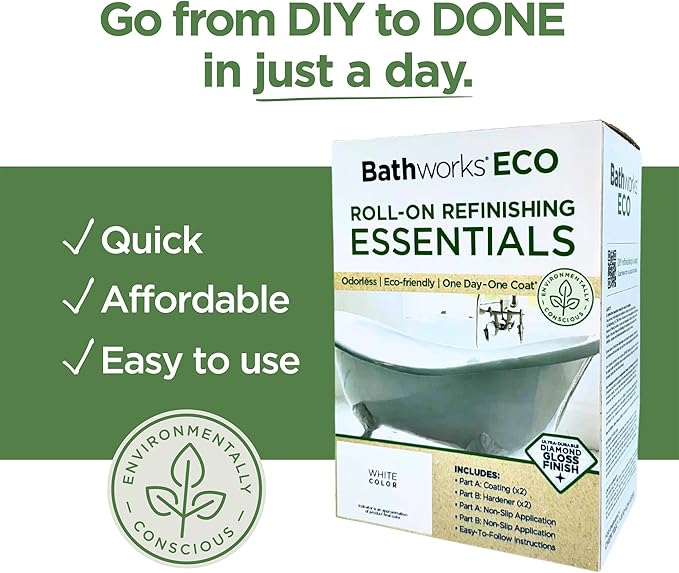 Bathworks ECO Essentials Roll-On Refinishing Kit - 26 fl oz (1.6 Pint), Low Odor, Low VOC, DIY Epoxy Coating with Non-Slip Application - High Gloss White Finish for Bathtubs, Tile, Sinks, Showers & Countertops
