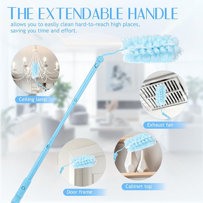 50 PCS Heavy Duty Duster Refills with Retractable Handle and Short Handle, Disposable Surface Duster Kit for Cleaning Dusting Furniture Blind Ceiling Fan (Blue)