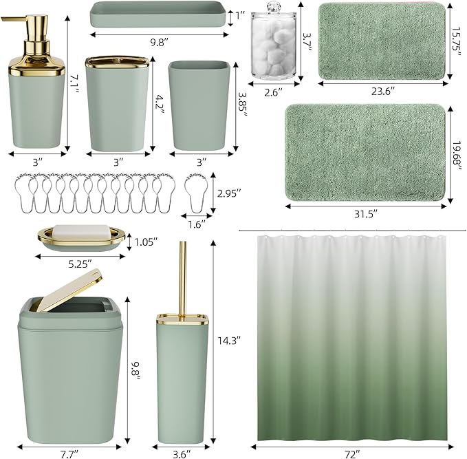 XLHOMO Sage Green Bathroom Set - 24PC Bathroom Sets with Shower Curtain and Rugs, Sage Green Bathroom Accessories Set with Press-on Lid Bathroom Trash Can, Soap Dispenser